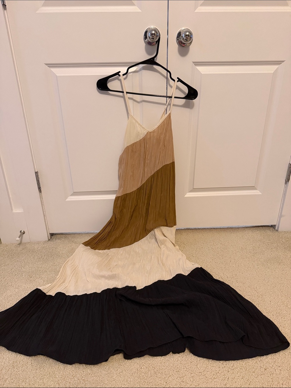 Vici Colorblock Pleated Maxi Slip Dress in Cream, Tan, Brown, and Black